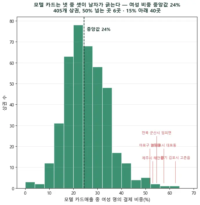 모텔 결제, 여긴 여자가 합니다 — 김포 고촌 62%·서귀포 대포 58%·마포 합정 52%, 405개 상권분석 중앙값은 24%